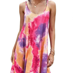 TIE DYE NEW WOMENS SLEEVELESS DRESS MINI CASUAL SUMMER PINK PURPLE TANK SIZE S